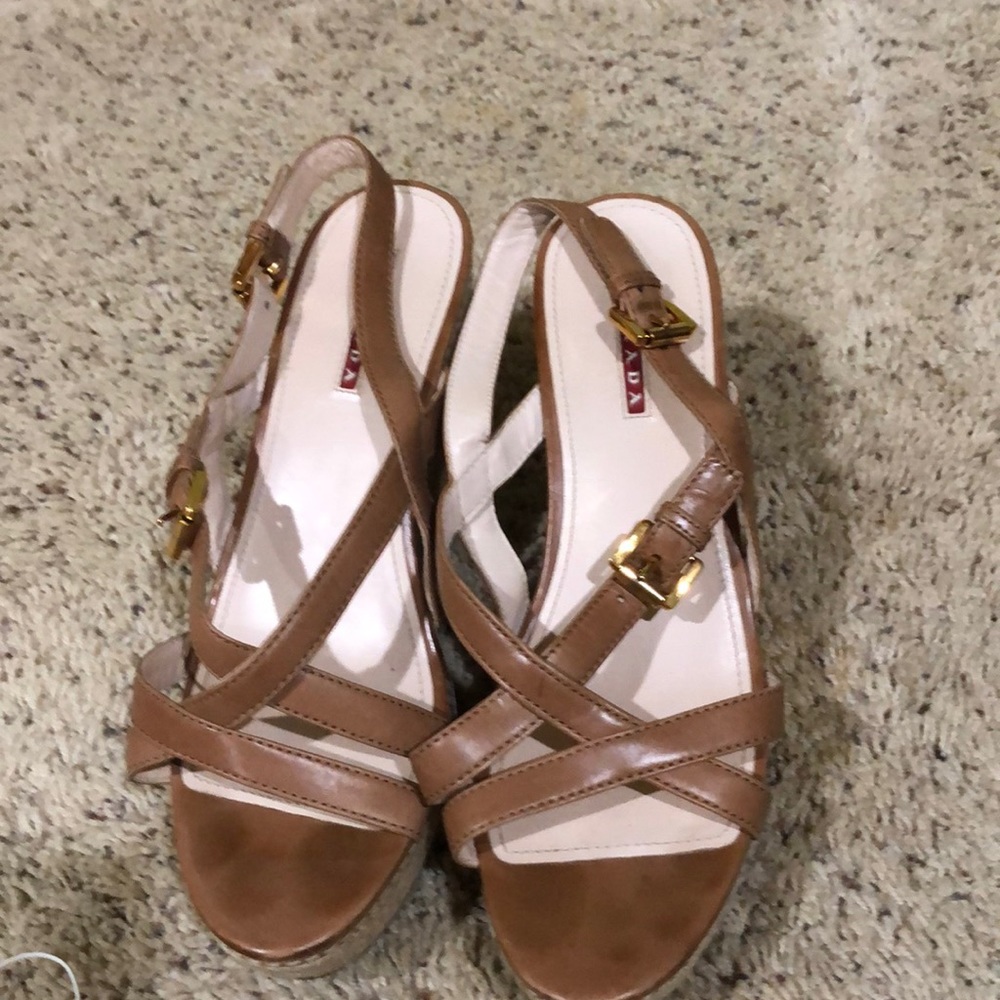 PRADA tan leather sandals, worn twice, 3-4” wedge heel